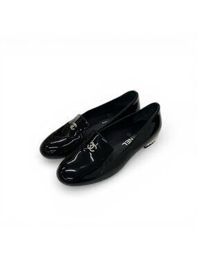 Chanel Loafers Leather Shoes Patent Black Silver CC Logo Pearl Opera Flat